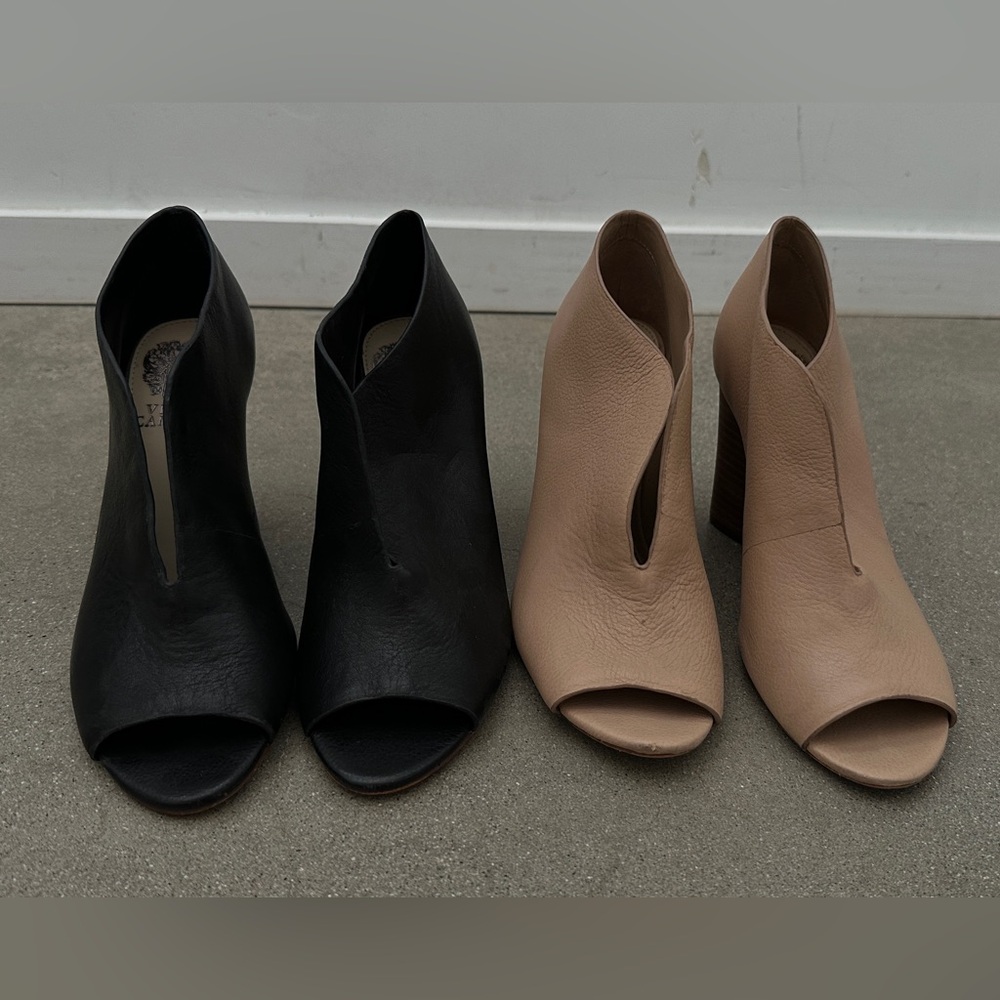 Vince Camuto Peep-Toe Leather Heel Booties Bundle in Black and Taupe Size 6.5